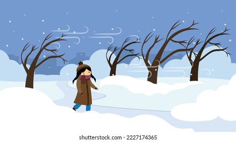 lonely girl in a cold park in winter