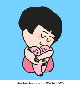 Lonely Girl is Hugging Knees To Cheer Herself Up Concept Card Character illustration