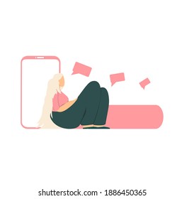 Lonely girl with long hair and a phone on a light background. Banner with space for text.