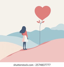 
Lonely girl on the background of a tree in the form of a heart, symbolizes love, self-acceptance, harmony and the search for love. Vector illustration for holidays Valentine's Day, love