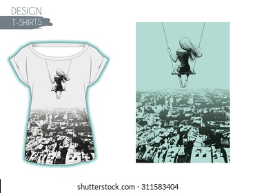 Lonely girl on swing against backdrop of city. Sketch. T-shirts design