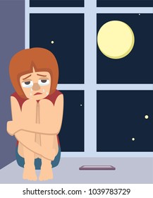 lonely girl sits crying at night - vector cartoon illustration in flat style