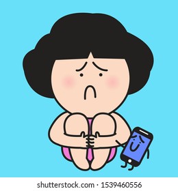 Lonely Girl Sitting With Her Cellphone Concept Card Character illustration