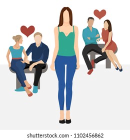 A lonely girl standing between two couples in love