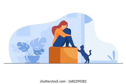 Lonely girl suffering from depression. Unhappy depressed young woman sitting, curling on couch at home, crying. Vector illustration for mental illness, sadness, stress concept