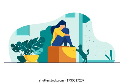 Lonely girl suffering from depression. Unhappy depressed young woman sitting, curling on couch at home, crying. Vector illustration for mental illness, sadness, stress concept