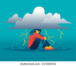 Lonely girl with a thundering cloud looming over her head. Mental disorder and chaos in consciousness. Frustrated girl with nervous problem feel anxiety and confusion of thoughts. Depression concept