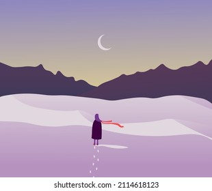 A lonely girl walks through the snow, leaving footprints behind her. The red scarf flutters in the wind. Vector illustration. Landscape in purple tones with mountains, snow and crescent moon.