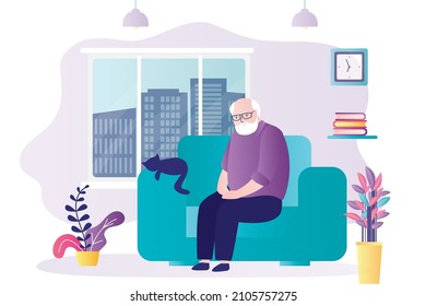 Lonely grandfather sitting on couch. Older male character suffers from loneliness. Single grandad without relatives. Living room interior. Elderly person live alone with pet. Flat vector illustration