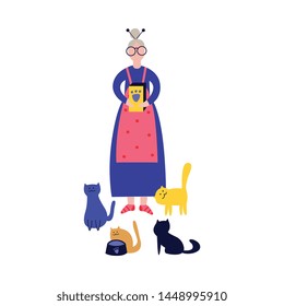 Lonely grandmother or elderly woman holding a package with animal feed for her waiting for food cats colorful cartoon flat vector illustration isolated on white background.