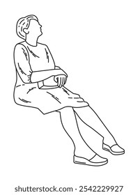 Lonely grandmother is sit on chair waiting someone, side view, sketch