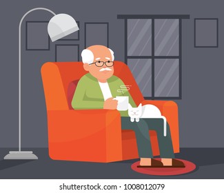 a lonely grandpa/grandfather or oldman sitting on a couch holding a mug with hot coffee and a white cat sitting on his lap