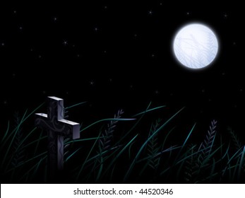 Lonely gravestone in the wild crops field under full moon at night