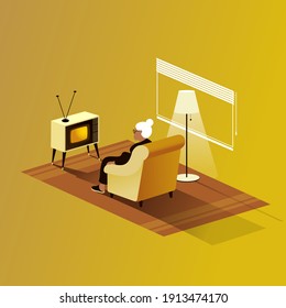 A lonely gray-haired old woman sits in an armchair in front of an tube TV. Isometric vector illustration.