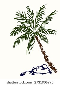 A lonely green palm tree on a rocky shore, an uninhabited island, a summer beach vacation.  A simple hand-drawn vector drawing.