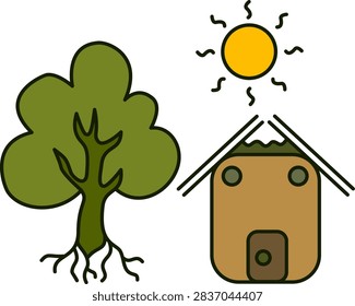 lonely green tree beside small eco friendly house