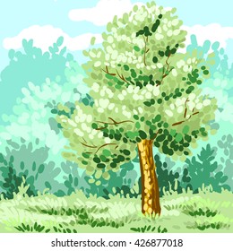 Lonely green tree. Corporate identity is drawn by hand. Vector illustration