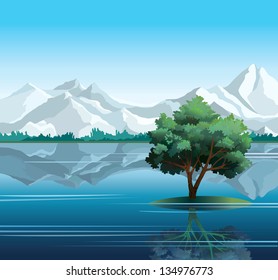 Lonely green tree reflected in calm still water with mountains on a blue sky background