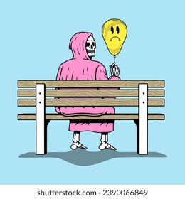 LONELY GRIM REAPER HOLDING A BALLOON SITTING ON A BENCH COLOR BACKGROUND