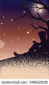 Lonely guy. The boy is sitting under a tree. Beautiful minimalistic landscape. Vector creeper effect. Shining sparks. Anime art. Silhouette.