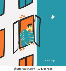 Lonely guy look at the window and wait offline life. Flat simple vector illustration