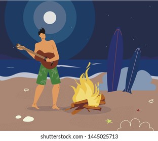 Lonely Guy on Sea Coast Flat Vector Illustration. Evening Beach Walk. Man Playing Guitar near Bonfire Alone. Male Character Enjoying Starry Night Sky. Surfboards in Sand, Moon and Campfire Landscape