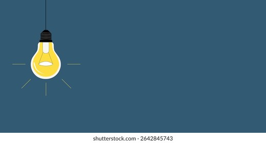 Lonely hanging glowing light bulb with rays on blue background. Creative idea and innovation concept. Vector image.