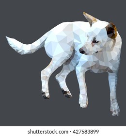 The lonely homeless dog lies and looks, executed from triangles. 
