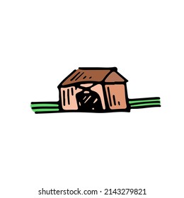 Lonely house agricultural sketch vector icon. Ranch field, rural countryside. Harvest scarcity concept, industry problems symbol. Hand drawn bio illustration isolated on white.
