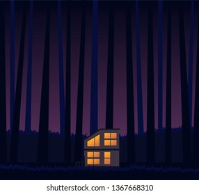 lonely house in the dark woods vector illustration, nature night forest landscape