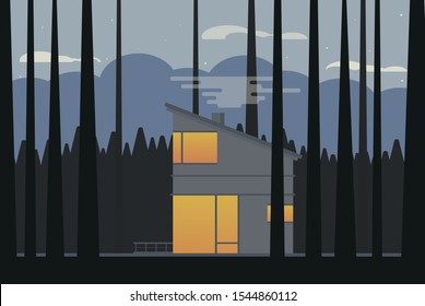 Lonely house in the dark woods vector illustration, nature night forest landscape.
