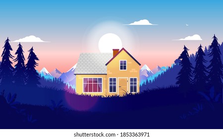 Lonely house in forest - A small house isolated in nature with sunrise in background. Vector illustration.