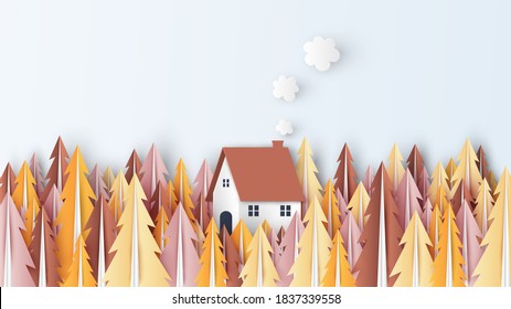 Casa solitaria en medio del bosque de otoño. Paisaje otoñal. corte de papel y estilo artesanal. vector, ilustración.