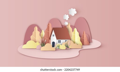 Casa solitaria en medio del bosque de otoño. Paisaje otoñal. corte de papel y estilo artesanal. vector, ilustración.