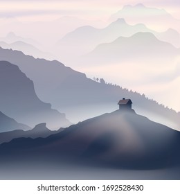 Casa solitaria en el paisaje montañoso. Ilustración del vector
