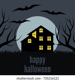 A lonely house at night in front of the Moon. Vector background for Halloween
