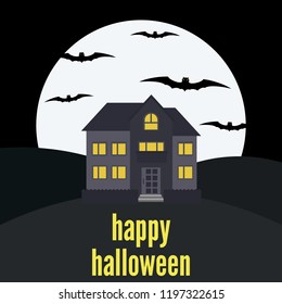Lonely house on the background of the moon and the inscription Happy Halloween. Vector illustration
