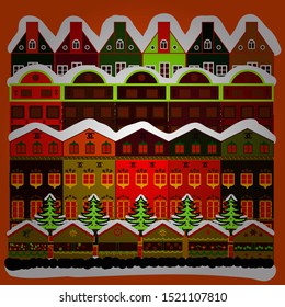 Lonely house on a hill. Cloudy winter landscape. Vector. Christmas illustration on red, brown and orange colors. Mountain landscape. Winter.