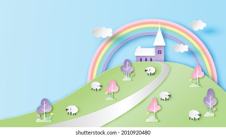 A lonely house on the hill with Sheep farm in the Spring. Spring hill meadow landscape. paper cut and craft style. vector, illustration.