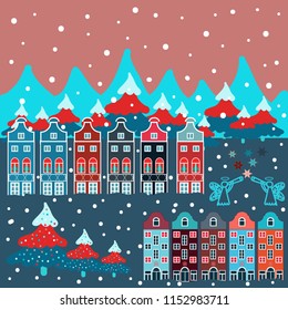 Lonely house on a hill. Winter. Mountain landscape. Christmas illustration on blue, pink and red colors. Cloudy winter landscape. Vector.