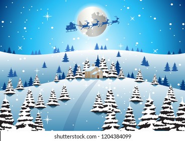 lonely house on xmas night and santa fly away to send gift to everyone,vector illustration