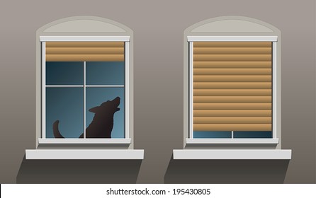 A lonely howling dog is sitting behind a window with partially let down shutters. Vector illustration on grey background.