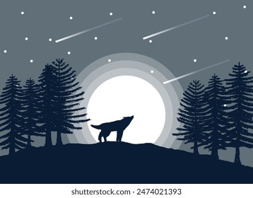 Lonely Howling Wolf in the Forest Under Moonlight and Falling Stars. Animals and wildlife concept vector