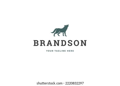 Lonely Howling Wolf Furry Wild Predator Animal Vintage Logo Design Template Vector Illustration. Carnivorous Coyote Mythic Night Werewolf Emblem Natural Aggressive Beast Hunting Travel Adventure Label