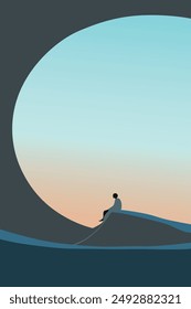 Lonely human silhouette on sunset. Contemplating, meaning of life and loneliness concept. Abstract art. Vector illustration of modern geometric shapes with gradients, lines, minimalistic man.