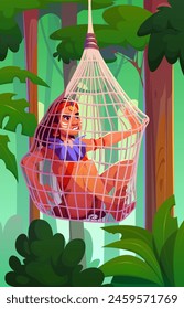 Lonely human slavery in rope net. Prison trap for woman. High trapped angry victim for isolation in tropic amazon jungle woods environment. Hunting problem for female character in wild forest scene