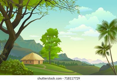 A lonely hut in the middle of meadows, mountains, plants, and trees