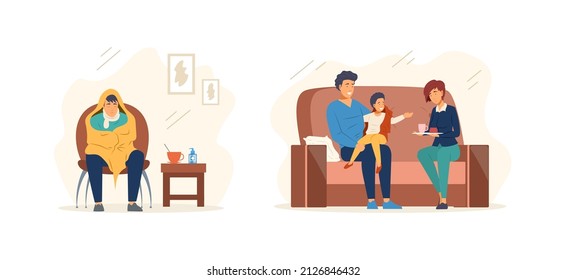 Lonely illness male with sore throat feeling cold covered by blanket, parents taking care sickness boy kid set. Alone man dreaming remember happy childhood, caring mother and father flat vector