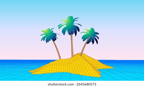 Lonely island with palms on the sandy beach, in retro computer style. Vaporwave palm island in the ocean
