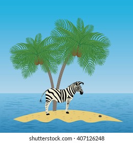 Lonely isolated zebra stand bored and preoccupied under palm tree on a small island in is restless the ocean. Vector.